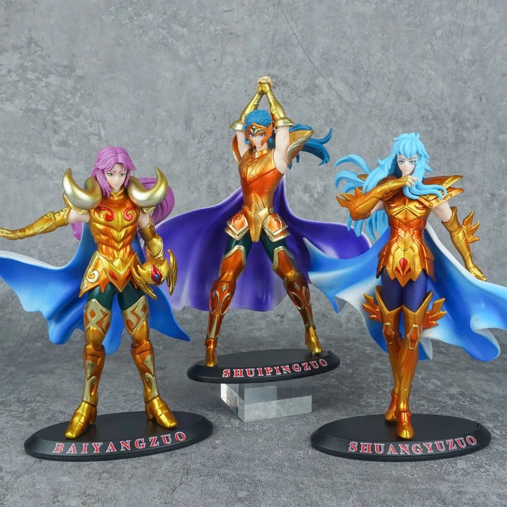 19CM Аниме Saint seiya Златна фигурка на Saint Овен Риби Козирог Водолей Поставка Анимационен модел Играчки Подаръци Колекция Декорация