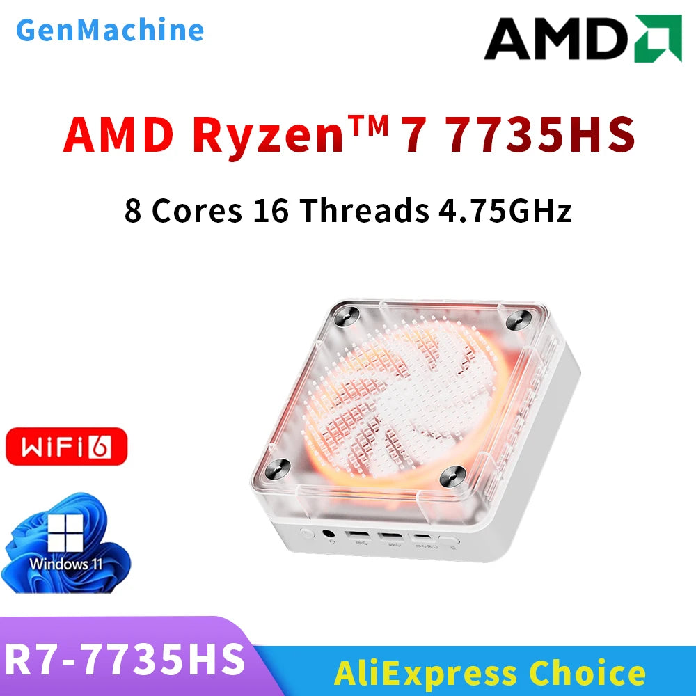 Genmachine R7 7735HS Mini PC Windows 11 Ryzen WiFi 6 Gaming PC 8C 16T CPU DDR5 4800MHz Display Diy Gaming Computer Ordenador