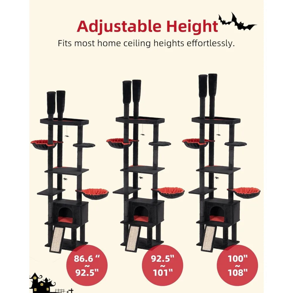Gothic Floor to Ceiling Cat Tree for Large Cats, Large Perch Beds, Adjustable Halloween Tower [86''-108''=220-274CM], Corner Cli