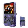 Purple handheld gaming console with transparent design and screen displaying a racing game.