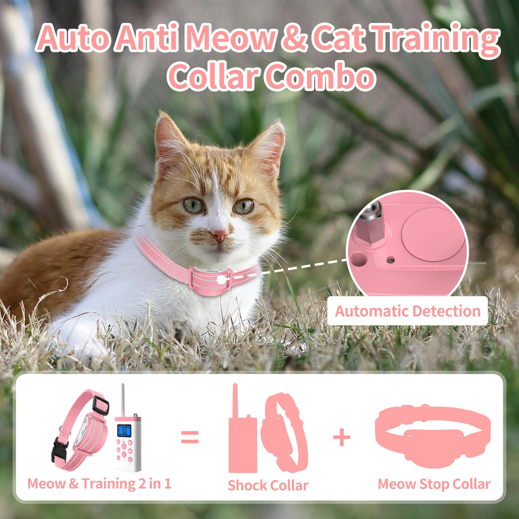 Katzen-Trainingshalsband, automatisches Anti-Bell- und Anti-Miau-System, Fernbedienung mit Piepton/Vibration/Schock, verstellbares, sicheres Halsband für Freigängerkatzen