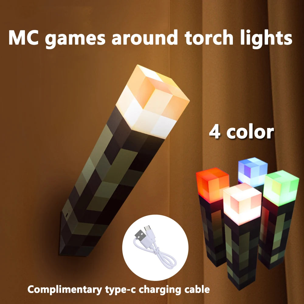 MC Game Torch Light Brownstone USB LED Night Light Rechargeable Bedroom Decoration Table Lamp Gift Lamp for Kids Bedside Lamp