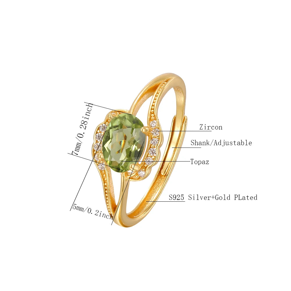 Natural Peridot 925 Silver Ring K Gold Plated Twisted Adjustable Bands Birthstone Healing Crystal Jewelry Boho Gift
