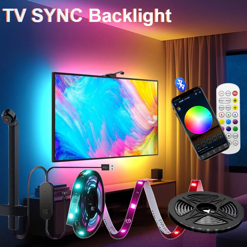 LED подсветка за компютър/телевизор RGBIC LED лента със сензор за избор на цвят, управление чрез приложение, синхронизиране на музика, интелигентна лампа за гейминг атмосфера.