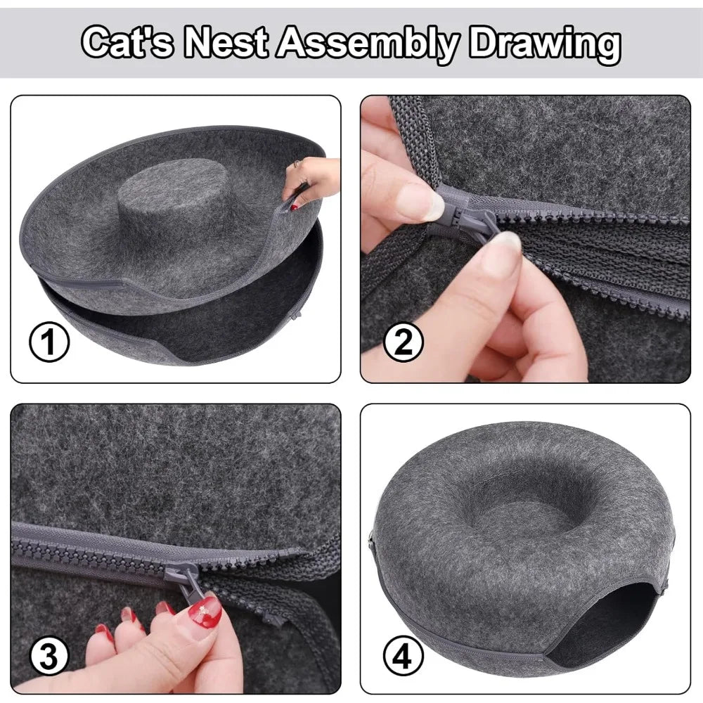 Cat Tunnel,Peekaboo Cave Bed for Indoor Cats,Donut Tunnel for Pet Cat House,Detachable Round Felt & Washable Interior Play Tunne