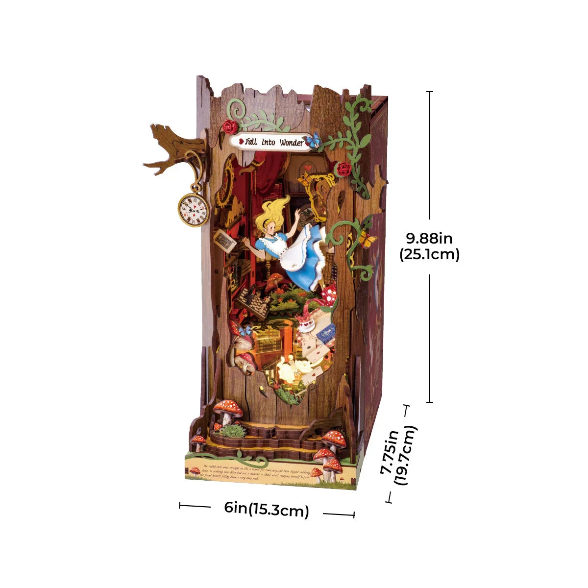 Robotime Rolife Enchanted Garden Book Nook Kit Whimsical Wooden Bookshelf Insert with Mashroom Tea Cup Decor
