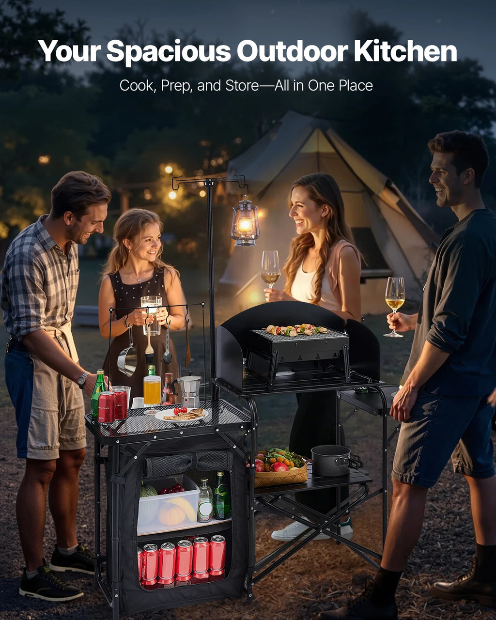 VEVOR Outdoor-Camping-Kochtisch, tragbare Kochstation aus Aluminium mit Aufbewahrungsschrank, Tragetasche, abnehmbarer Windschutzscheibe