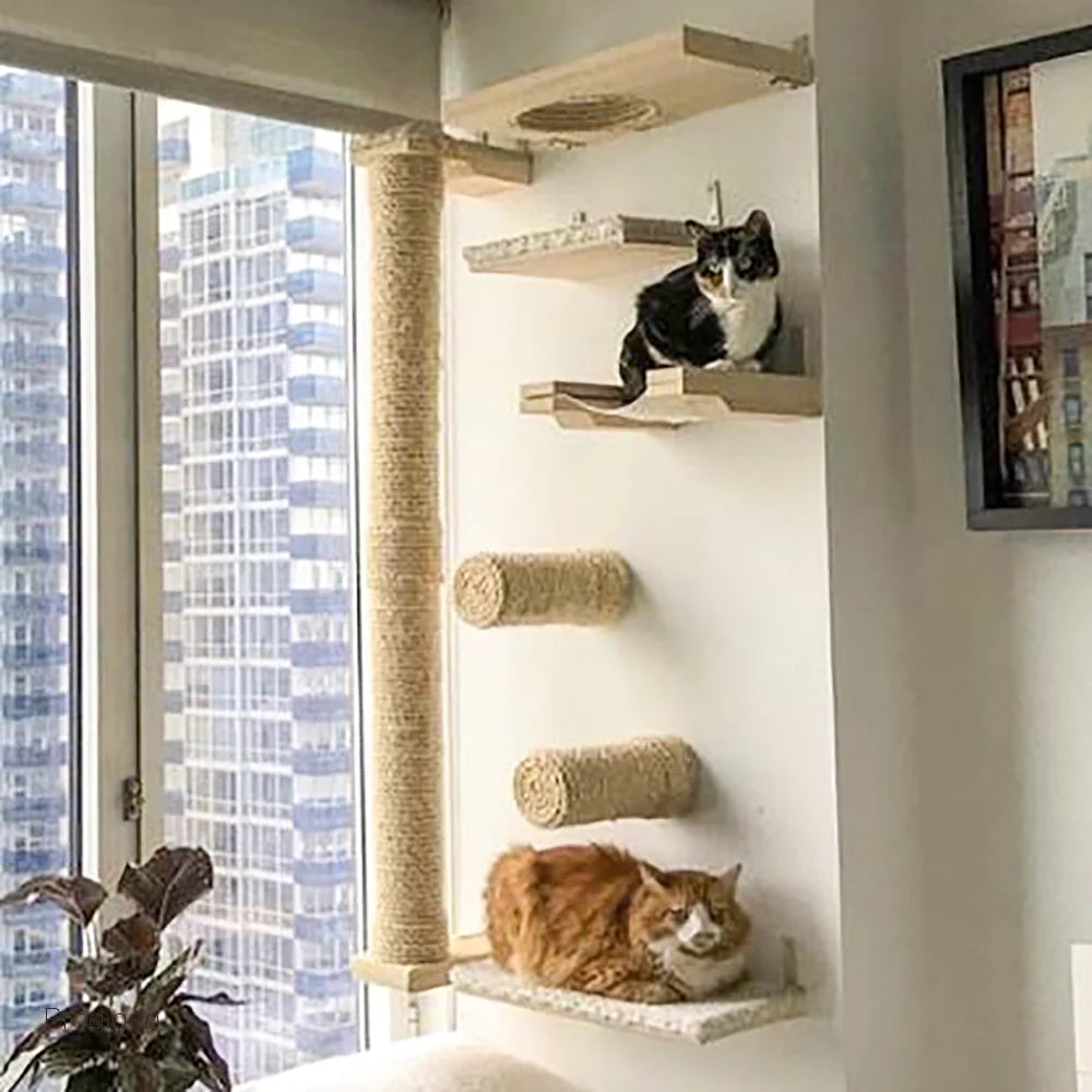 Cat Wall Wooden Climbing Bridge or Cat Hammock and Jumping Platform with Scratching Post Stairway Ladder for Cats Play