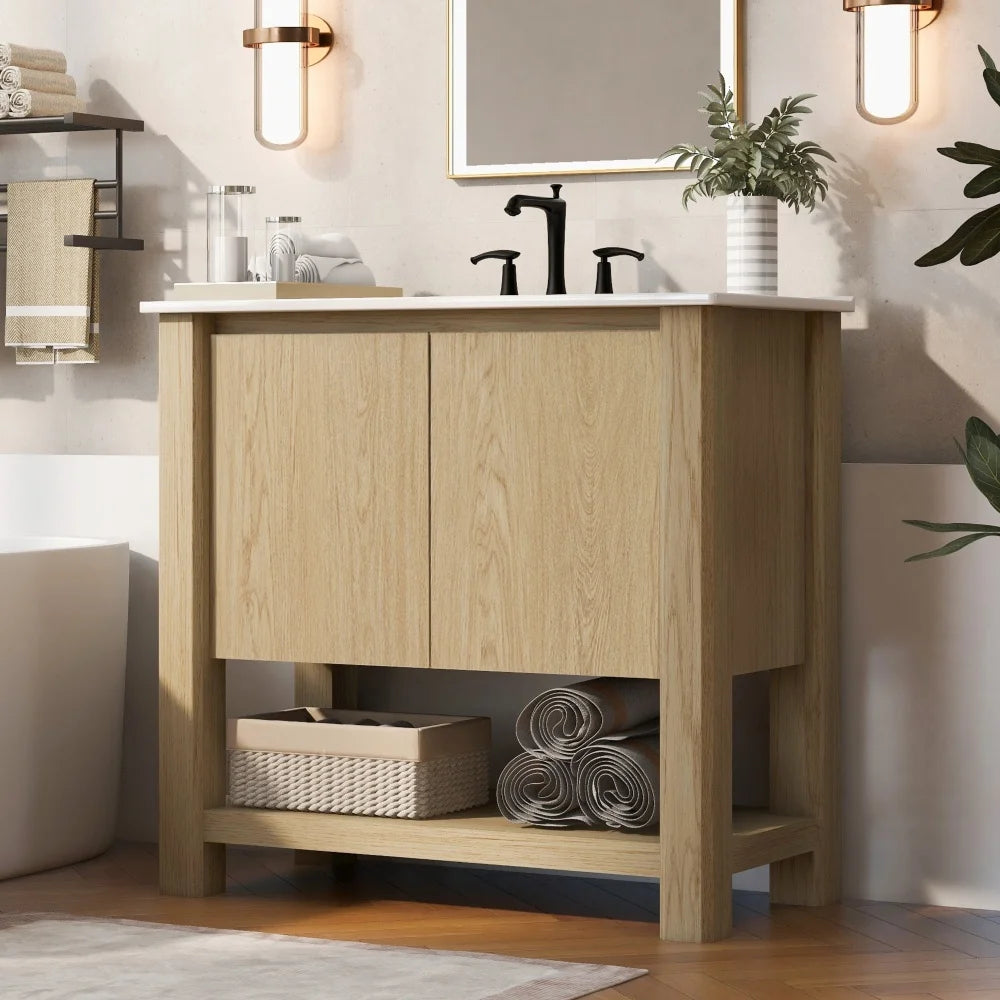 36" Modern Bathroom Vanity with Rectangle Ceramic Sink, Bathroom Cabinet with Large storage space and 45 Degrees Free-Handle