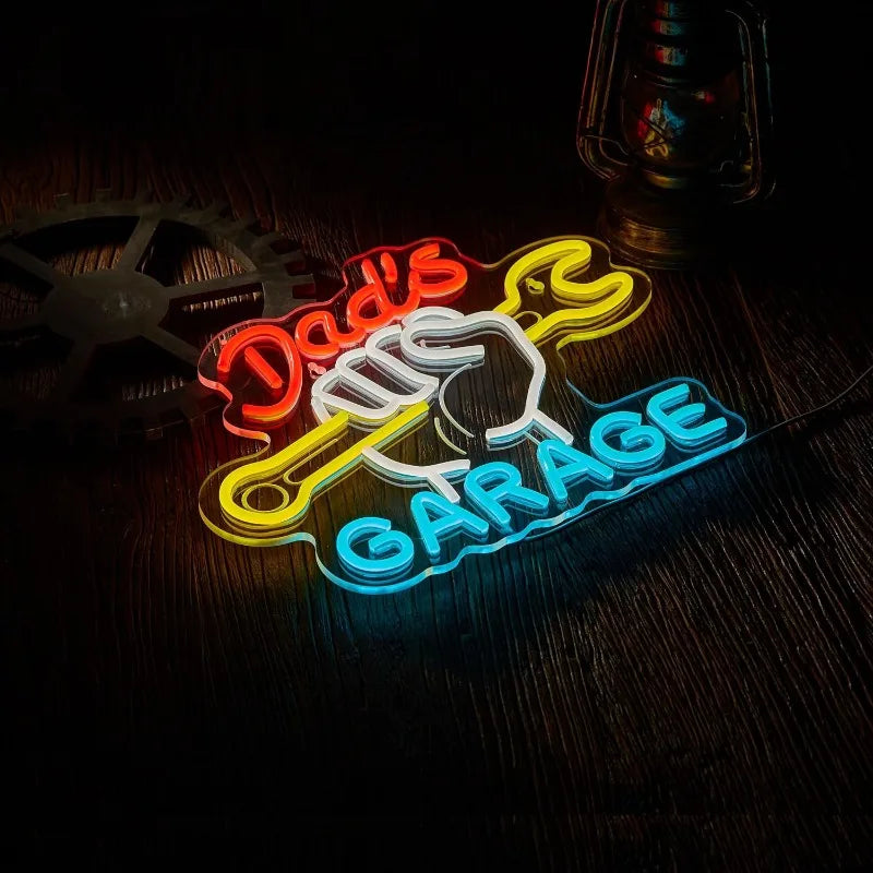 Dad's Garage Neon Sign for Wall Décor LED Light Car Signs for Auto Repair Shop Man Cave Workshop Decor LIghts for Fathers Gift