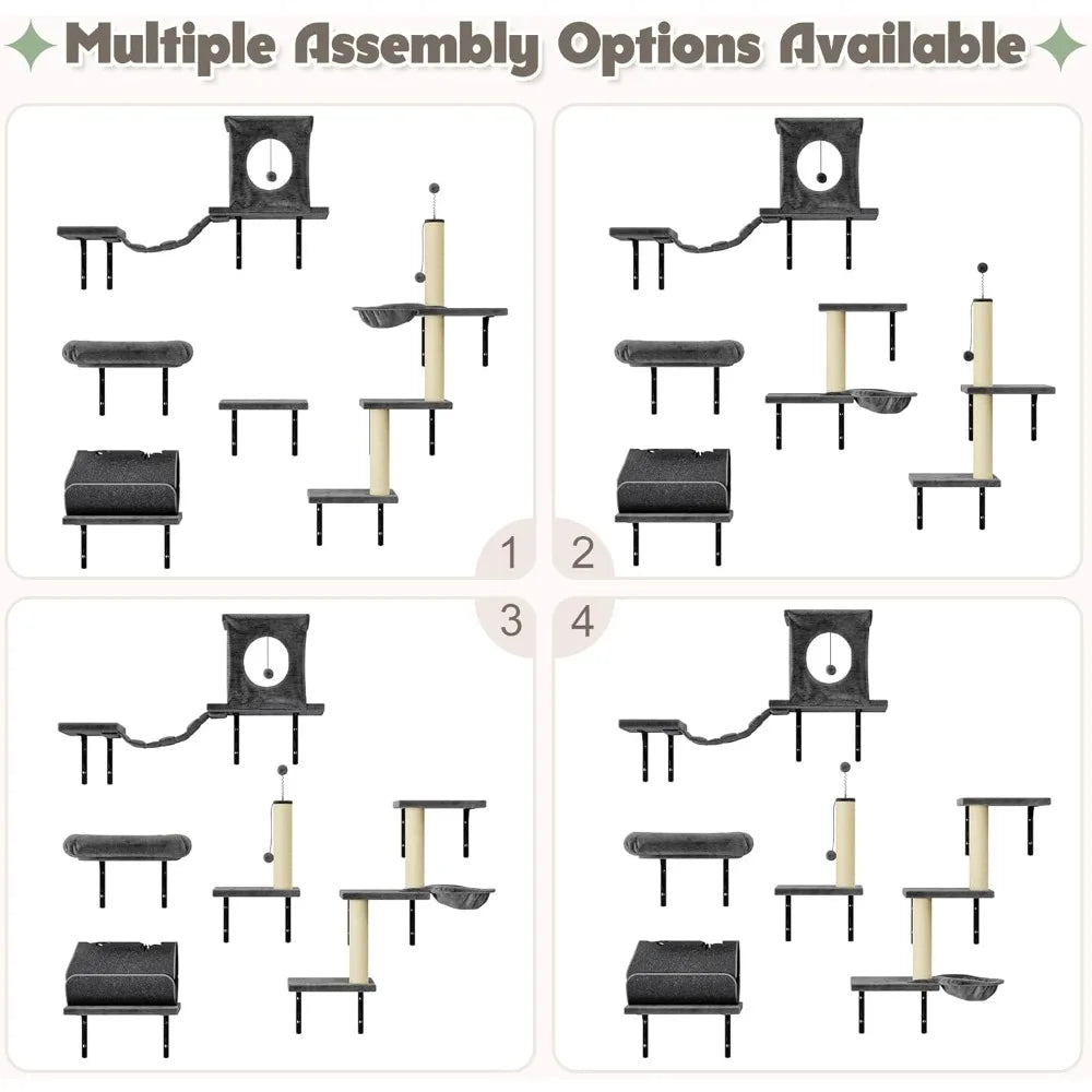 7-in-1 Wandmontiertes Katzenkletterset, Katzenmöbelset mit Haus, Brücke, Baum, Stufen, Kratzbaum, DIY-Spielplatz, Regalen für