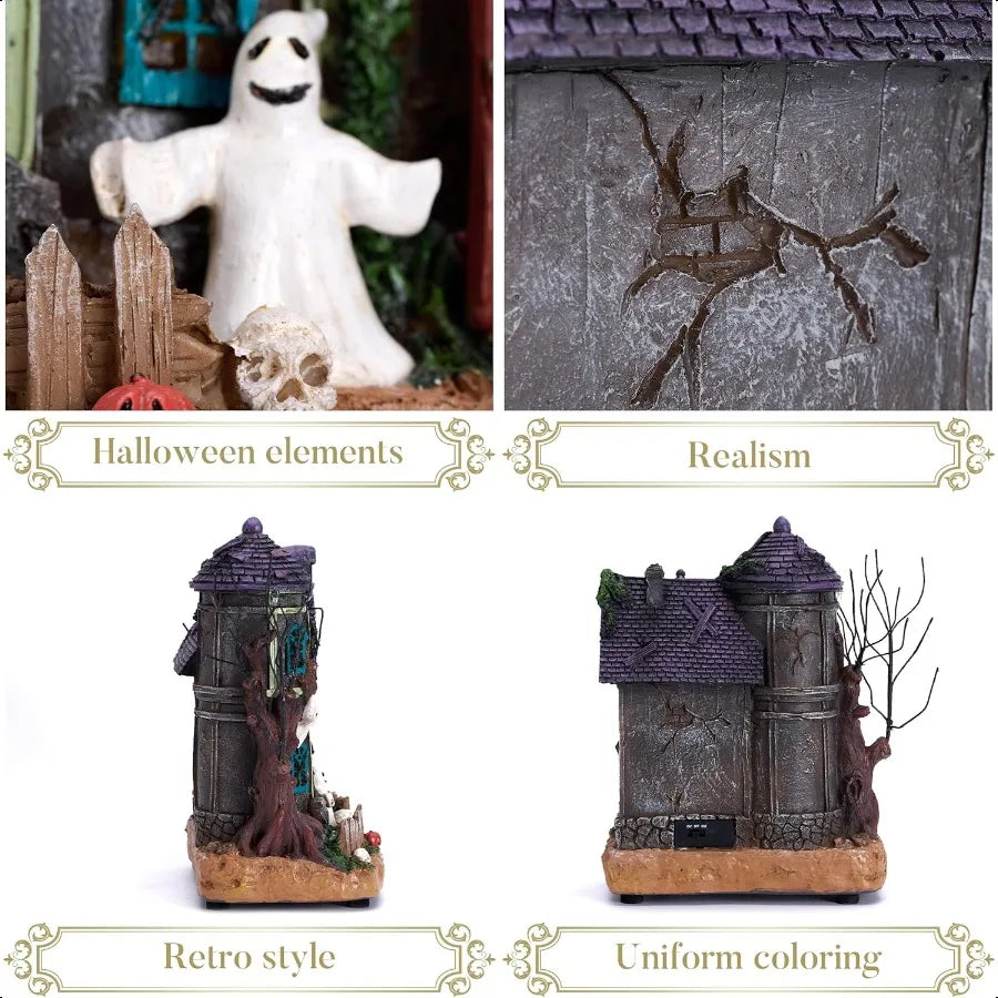Halloween Decorations Lighted Halloween Village Houses with Music and LED Lights Resin Spooky Town Mummy's Haunted House for Ho