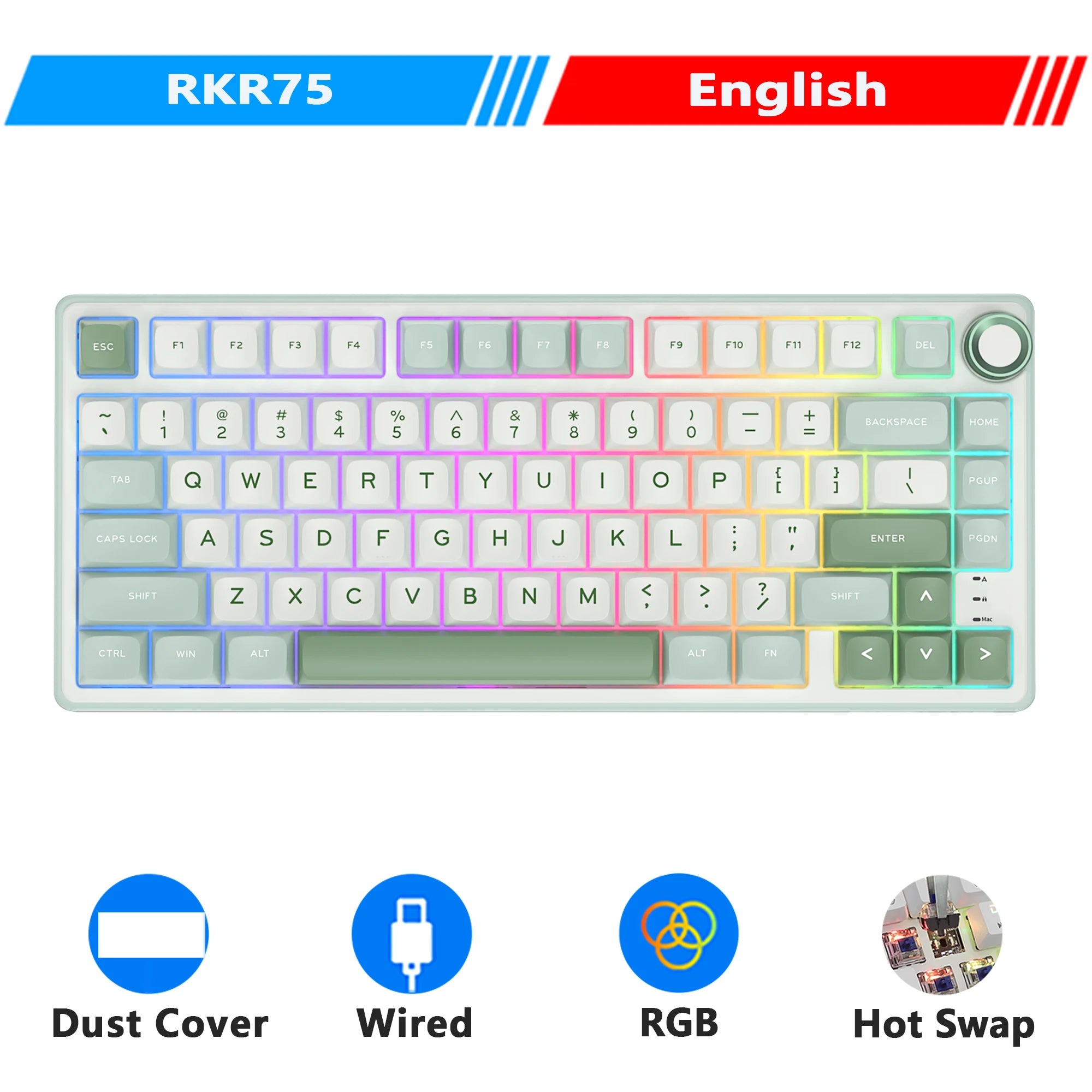 RK Royal Kludge R75 Gasket Kabelgebundene mechanische Tastatur mit 80 Tasten, RGB-Hintergrundbeleuchtung, Hot-Swap-fähige spanische Gamer-Tastatur, MDA-PBT-Tastenkappen