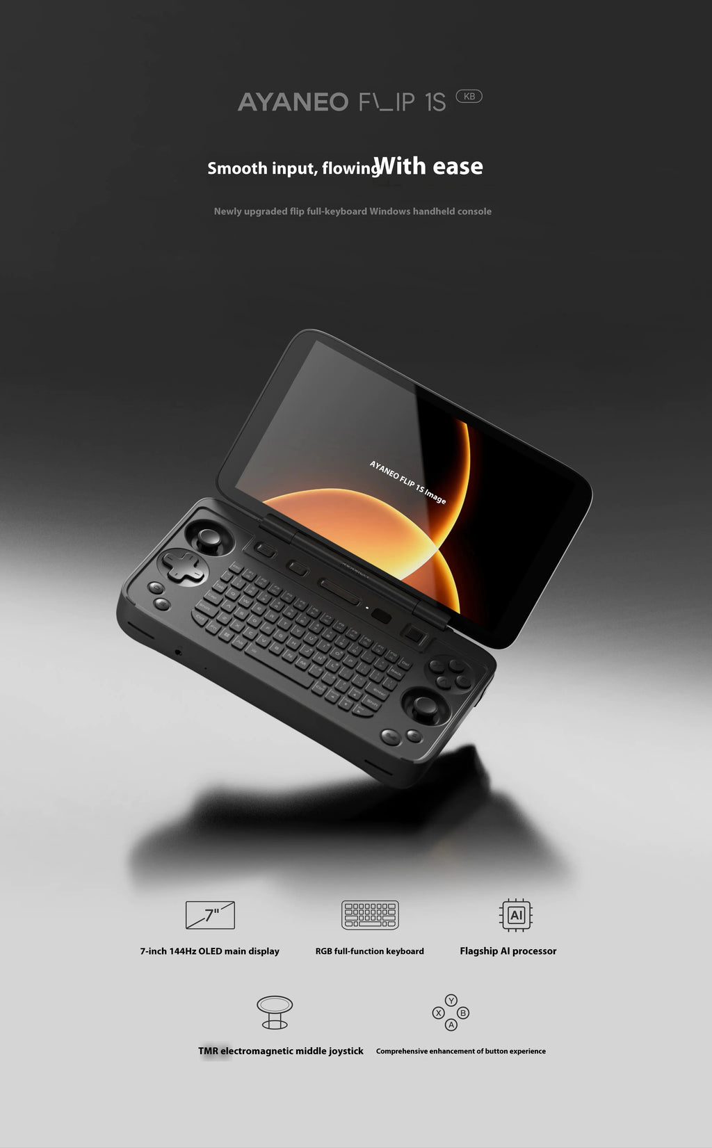 AYANEO FLIP 1S KB Flip-Spielkonsole 7" 1080P 144Hz OLED-Bildschirm Tragbare Handheld-Konsole HX370 8840U mit Tastatur-Spielmaschine