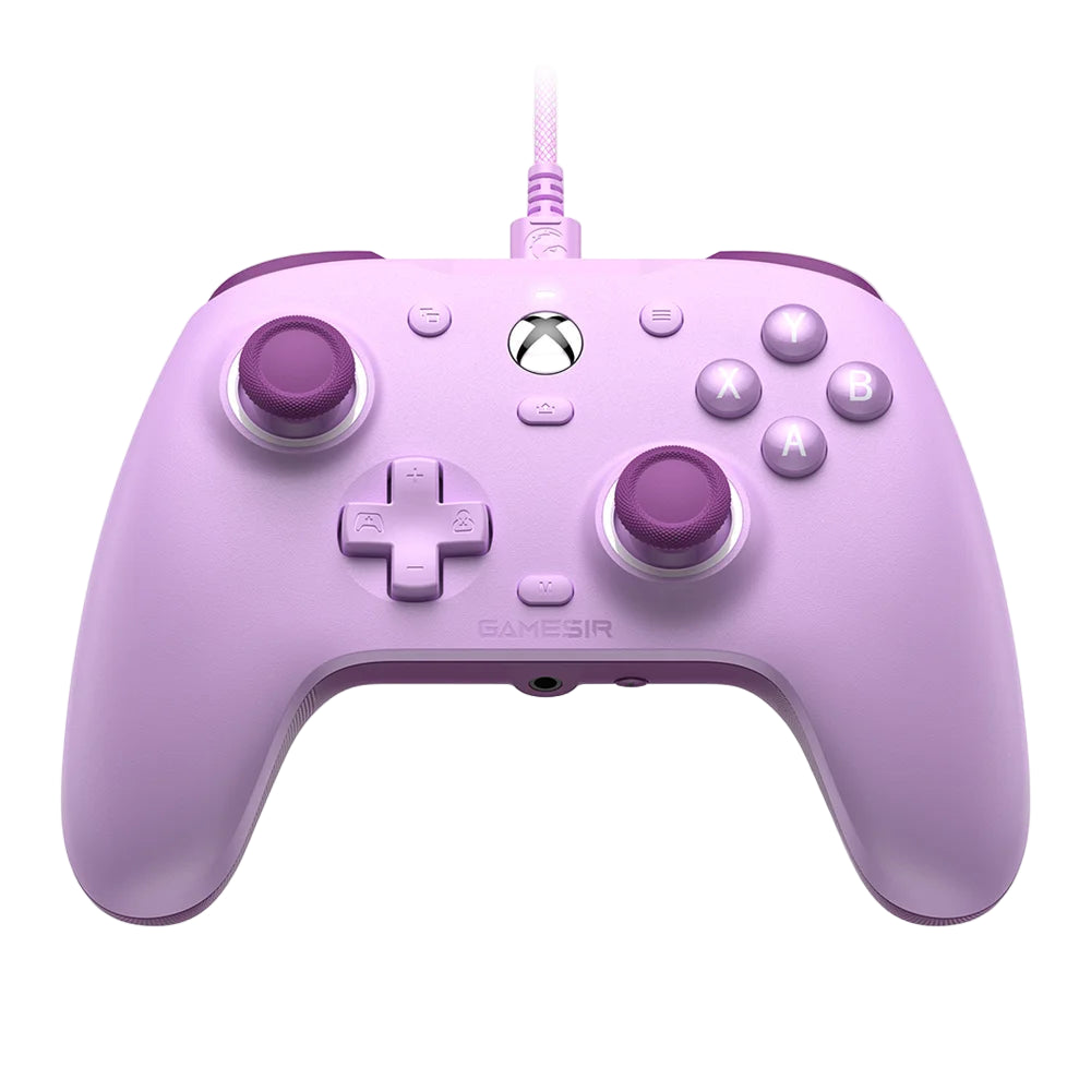 Purple gaming controller with Xbox logo on a white background