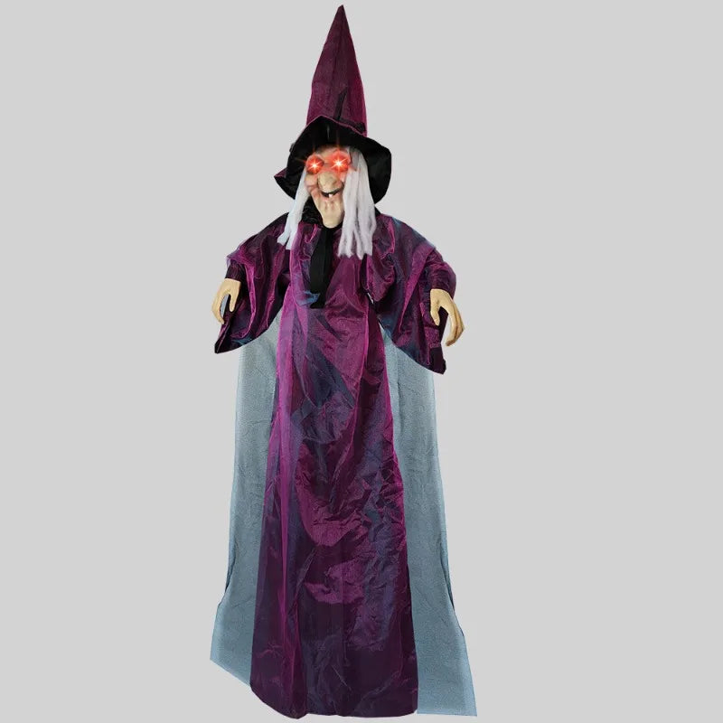 Halloween Life Size Talking Witch Outdoor Purple Spooky Animatronic Witch Decor Prop Halloween Decoration Red Eye Animated Witch