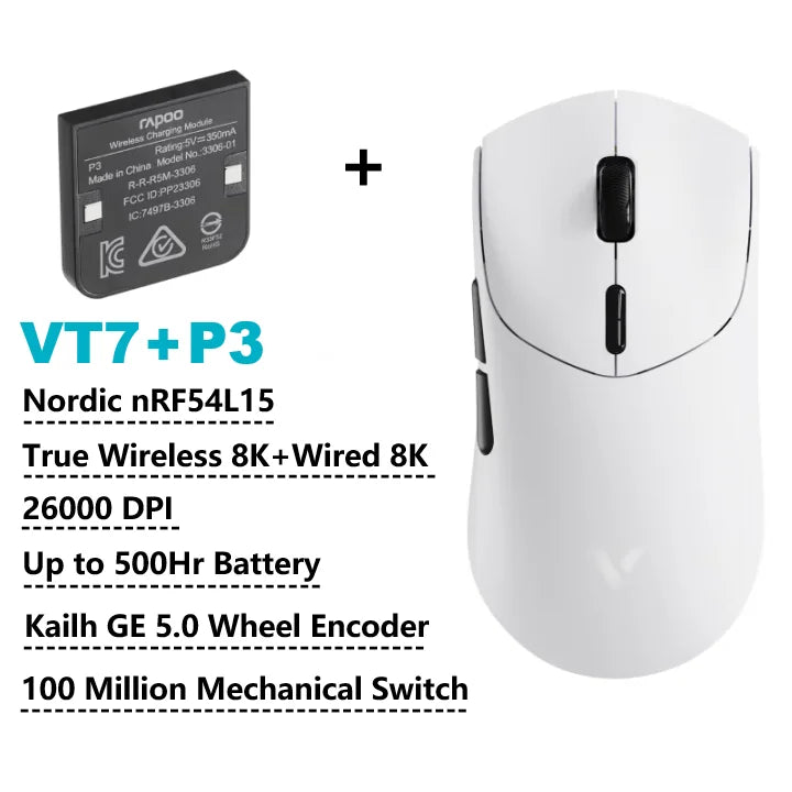 Безжична геймърска мишка Rapoo VT7 /VT7 MAX, True 8K безжична скорост на анкетиране, 53 г, лека, до 500 часа живот на батерията, активирани макроси