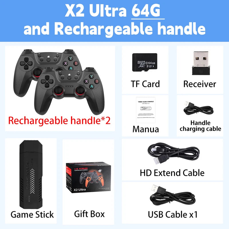 X2 Ultra Video Game Stick Console Or ONLY 64G Retro Games Christmas Gift 2.4G Double Wireless Controller 4K HD30000 Games