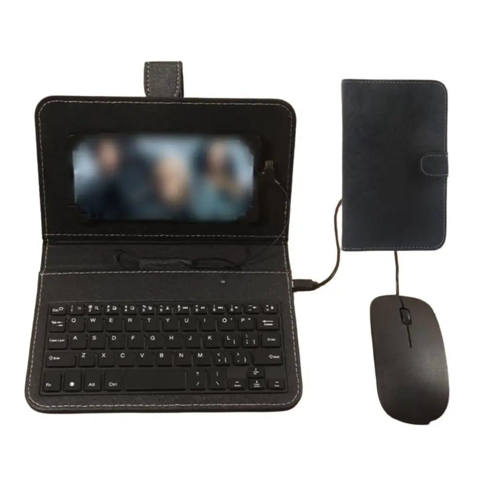 Portable Keyboard Mouse Set Type C & Micro Available Bluetooth Mouse Phone Holder PU Leather Shell Home Work Keyboard
