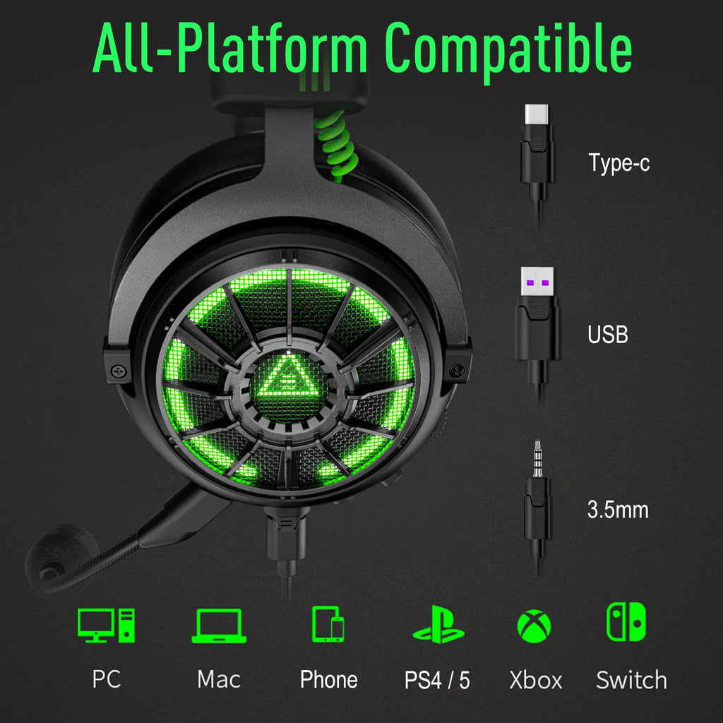EKSA E5000 Pro Gaming-Kopfhörer für PC/PS4/Xbox/Switch, 7.1 kabelgebundenes Headset Gamer mit ENC-Mikrofon, USB/Typ C/3,5 mm abnehmbares Kabel