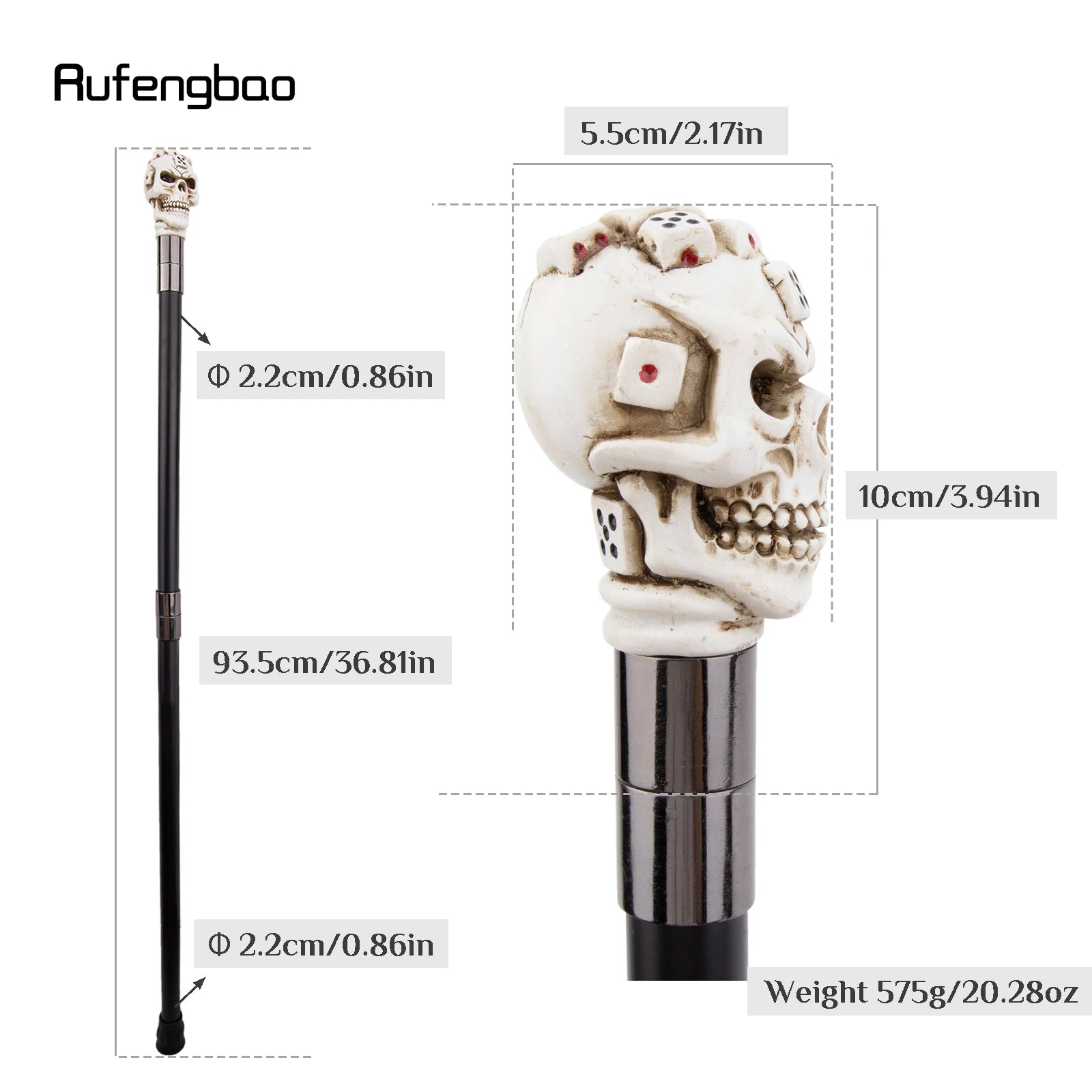 White Resin Dice Skull Head Walking Cane Fashion Decorative Steel Stick Gentleman Elegant Cosplay Cane Knob Crosier 93cm