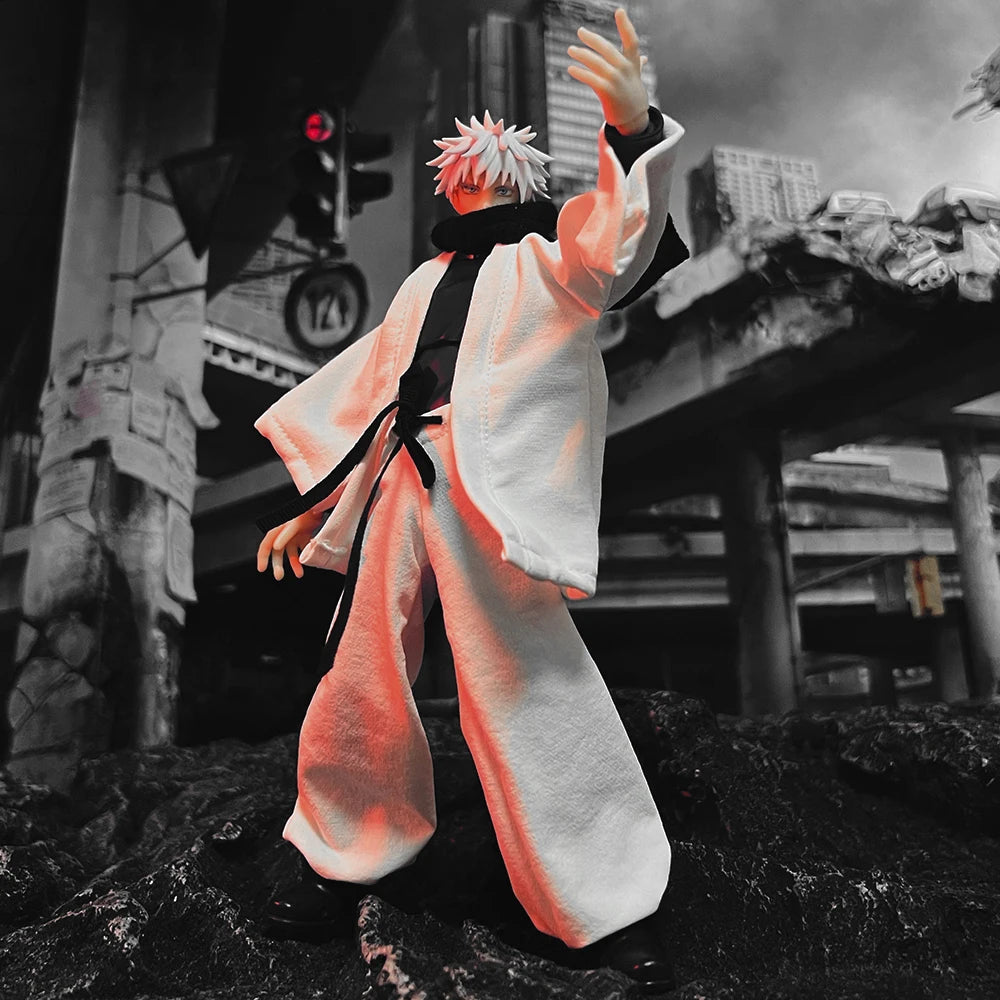 shf 1/12 Scale Jujutsu Kaisen Gojo Satoru Clothes Set White Coat Lantern Pants with Scarf for 6" Action Figure Body Model