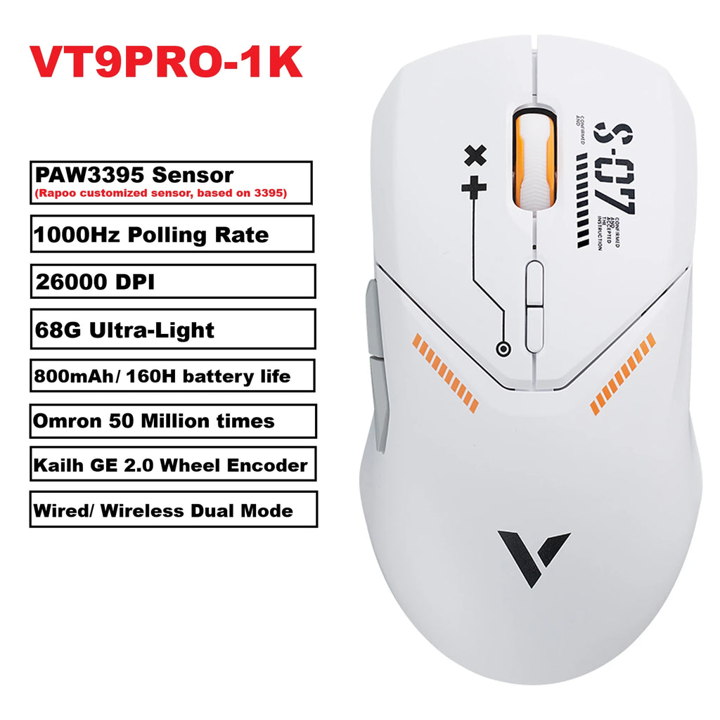 Безжична геймърска мишка Rapoo VT9PRO PAW3398, 26000DPI, 68g, лека, кабелна, безжична мишка, 160H, супер дълъг живот на батерията