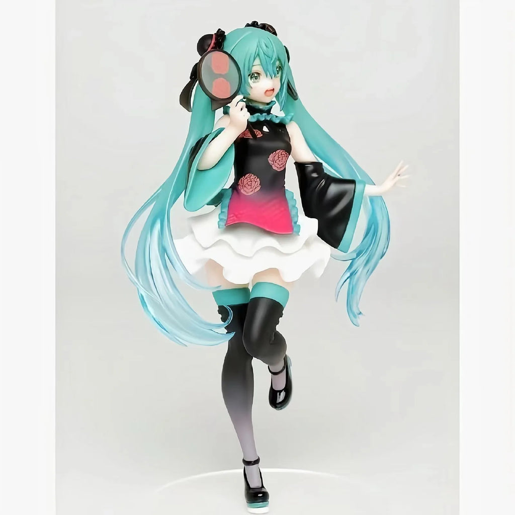 Hatsune Miku Anime Girl Figures Chinese Style Cheongsam Standing Posture with a Fan in Hand Figurines Doll Model Kids Toys Gifts