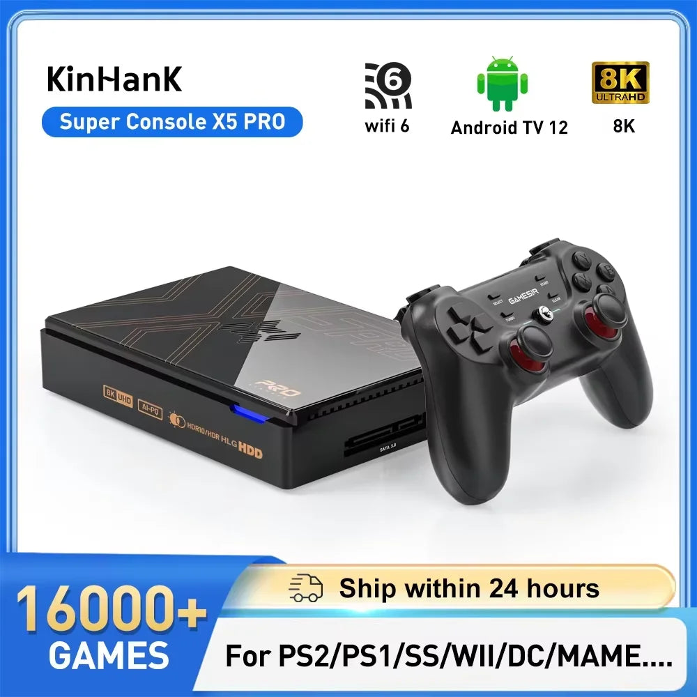 Kinhank Super Console X5 PRO Retro-Videospielkonsolen Plug and Play 4T mit 16000 Spielen für PS2/WII/SS/DC/N64 Android 12 TV-Box