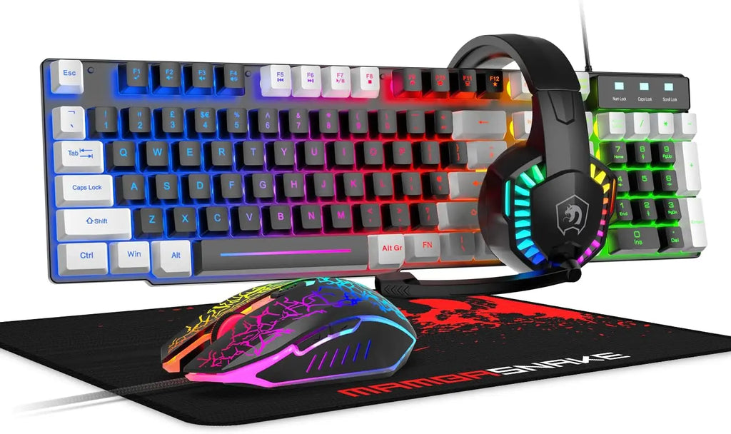 MANBASNAKE T11 Kabelgebundene Gaming-Tastatur und Maus-Headset-Kombination, Kabelgebundene Tastatur mit Regenbogen-LED-Hintergrundbeleuchtung