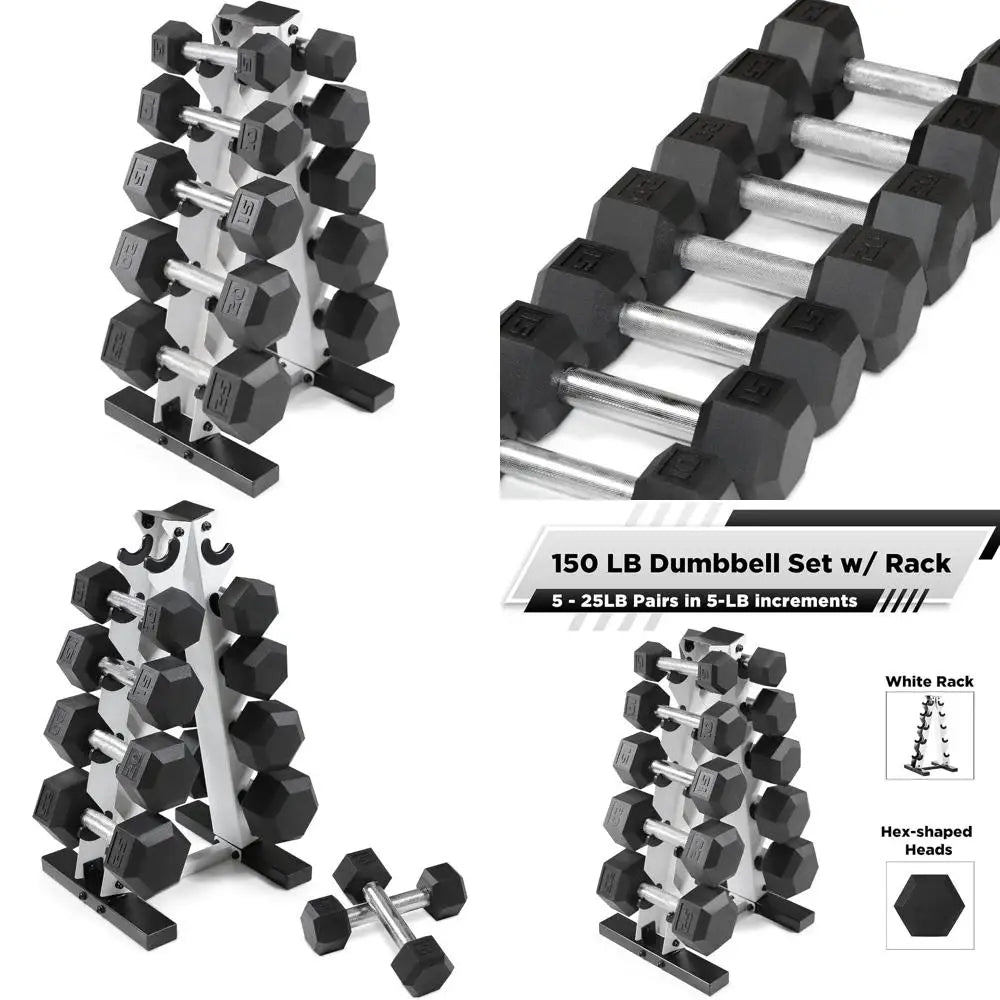 Rubber-Coated Hex Dumbbells Set from 5 to 25 Lbs with A-Frame Storage and Non-Slip Design for Muscle Toning and Strength Trainin