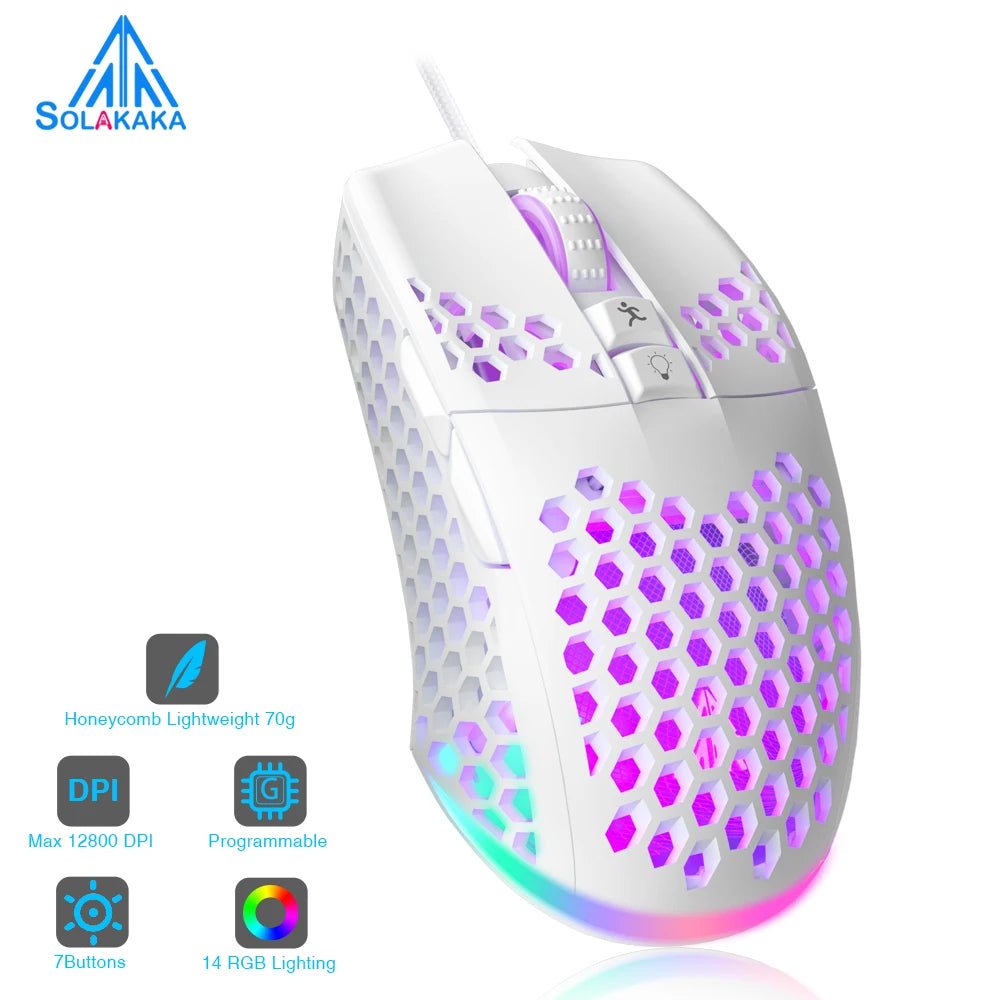 SOLAKAKA SM900 Wired Gaming Mouse with Honeycomb Shell 12800DPI 7 Programmable Buttons Custom Macro Ergonomic Computer Mouse