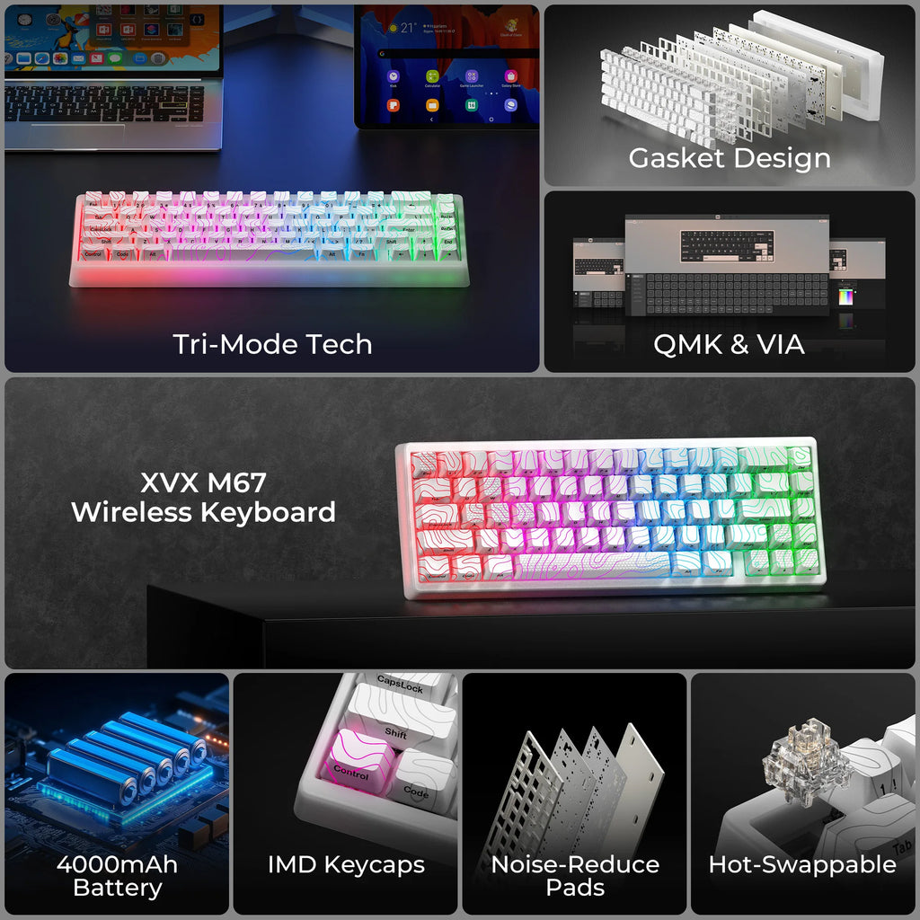 XVX M67 JadeStone Mechanical Keyboard With IMD-Tech Keycaps Hot Swappable Gasket Design Tri-Mode Custom RGB Backlight Keyboard