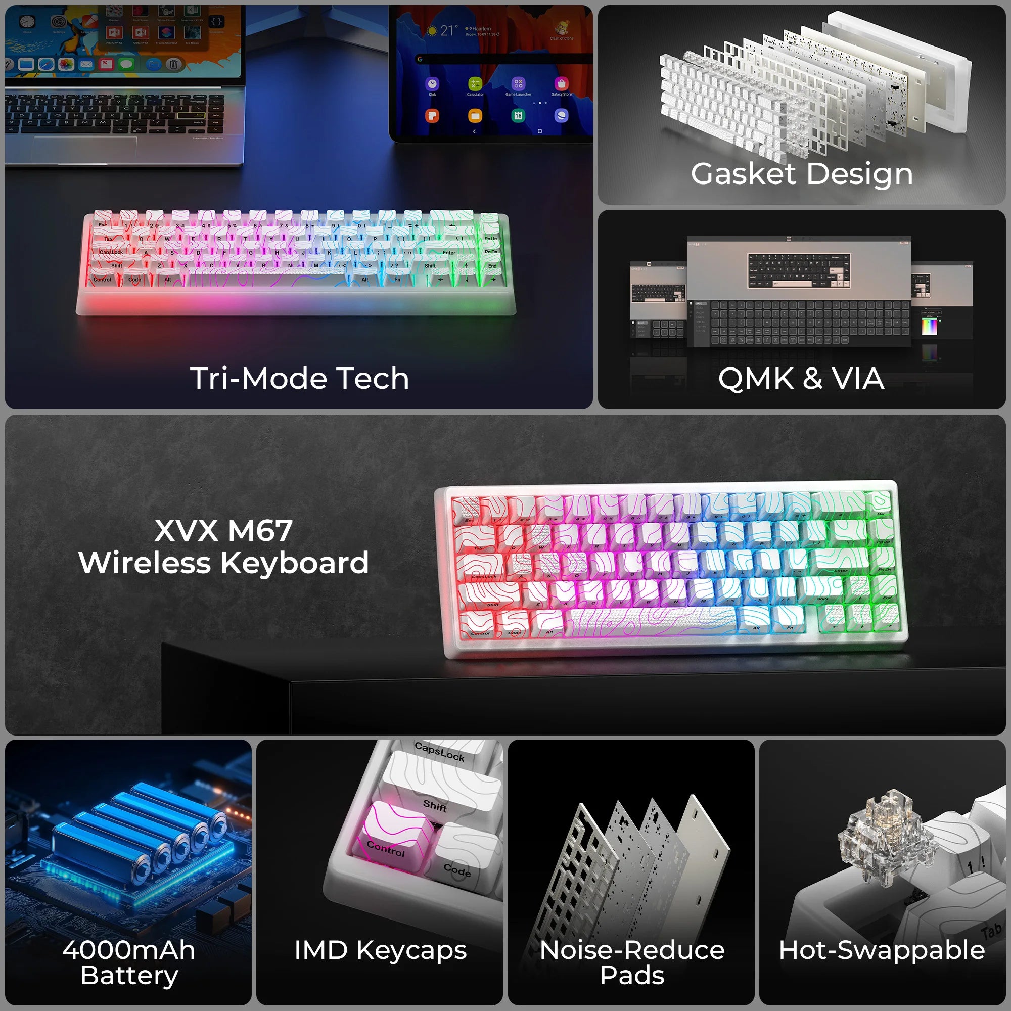 XVX M67 JadeStone Mechanical Keyboard With IMD-Tech Keycaps Hot Swappable Gasket Design Tri-Mode Custom RGB Backlight Keyboard