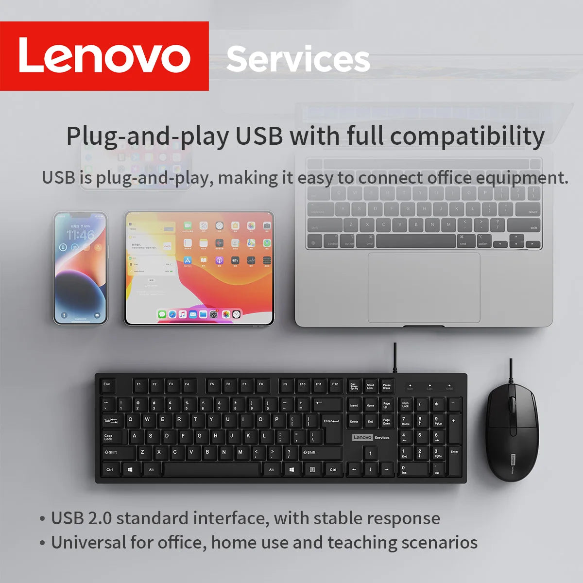 Lenovo Kabelgebundenes Tastatur- und Maus-Set, klassisches schwarzes Büro-Set, Business, Büro, Zuhause, Tastatur und Maus, 104 Tasten-Layout, Desktop, Laptop, universell