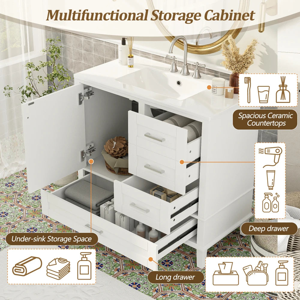 36" White Bathroom Vanity with Solid Pine Frame, 1 Soft Close Door and 3 Drawers , Modern Storage Cabinet