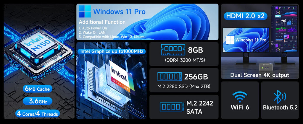 GMKtec G3 Plus Latest Twin Lake N150 Mini PC DDR4 3200MT/s NVMe SSD WiFi6 BT5.2 Windows 11 Pro 2.5G RJ45 Desktop Office Computer