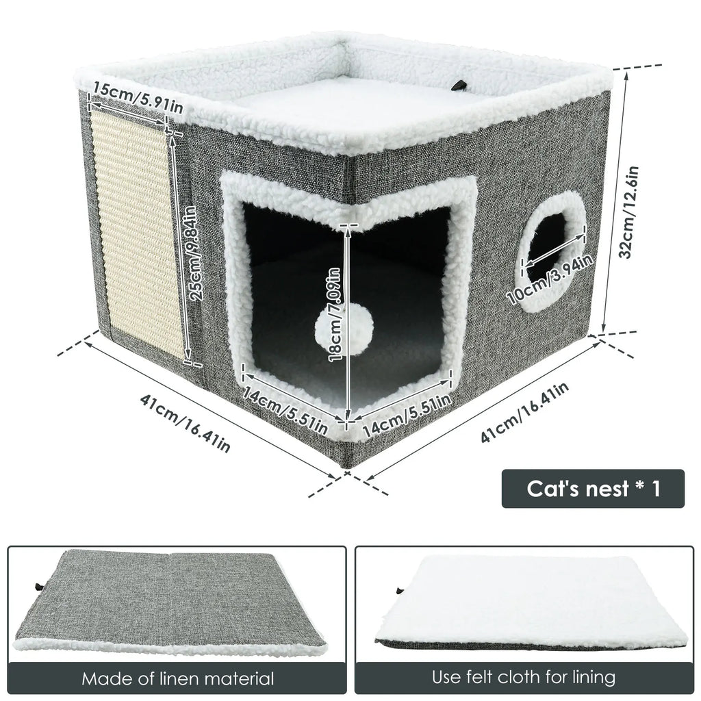 Cat House for Indoor Large Foldable Cat Bed Cave with Ball and Scratch Pad Cozy Kitty Hideaway for Kitten Small Pet Cat Houses