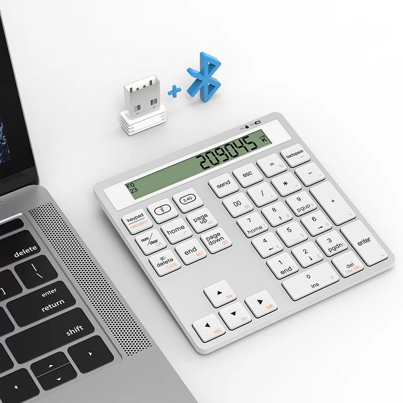 2.4G Wireless Bluetooth Numeric Keyboard with Screen Display Calculator 2 in1 Portable Wireless Number Keypad for Win/Mac
