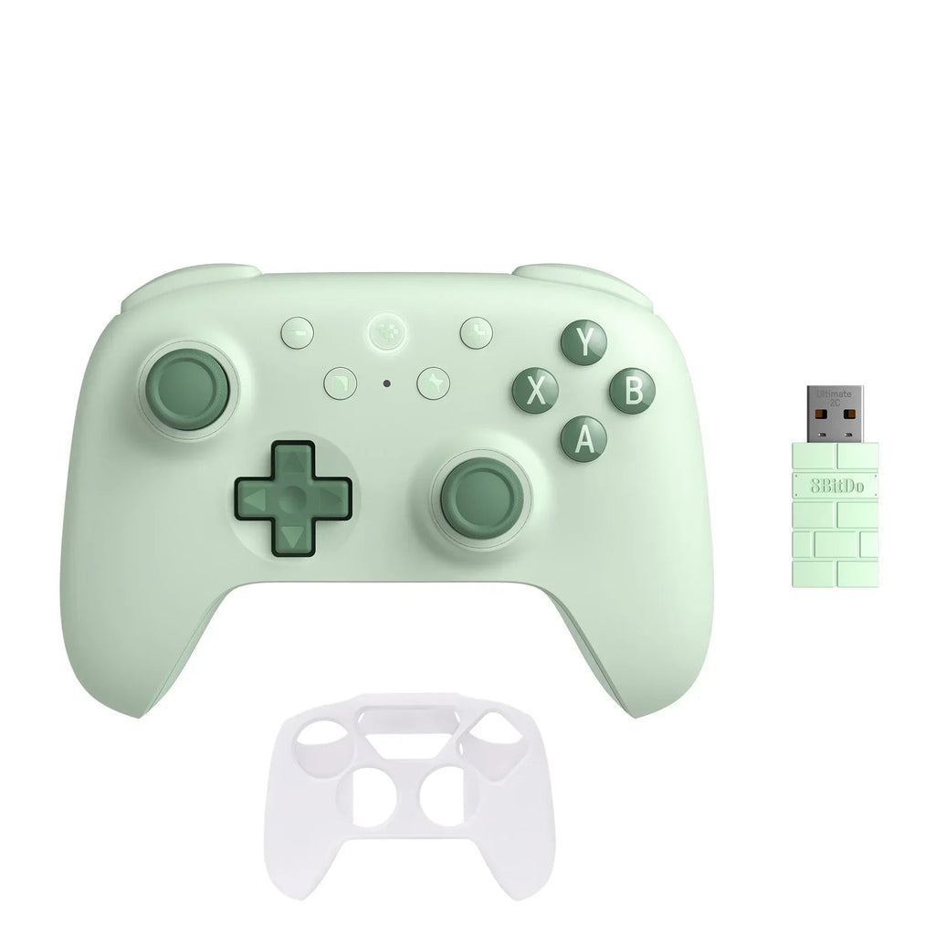 Mint green gaming controller with USB receiver on a white background