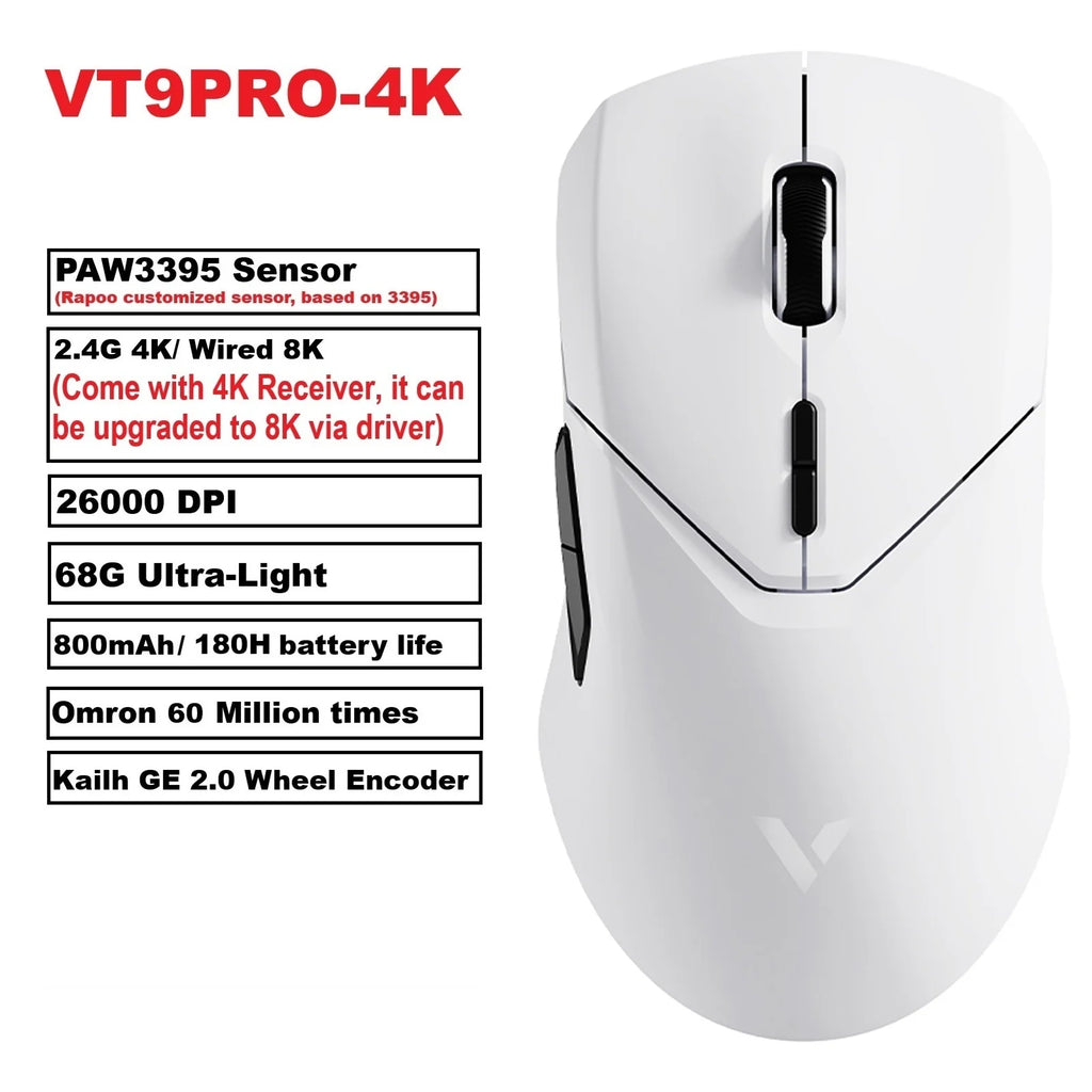 Безжична геймърска мишка Rapoo VT9PRO PAW3398, 26000DPI, 68g, лека, кабелна, безжична мишка, 160H, супер дълъг живот на батерията