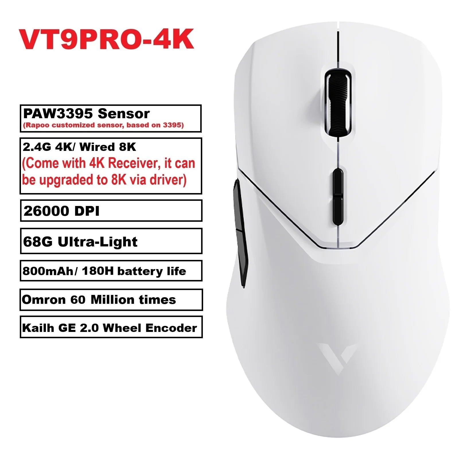 Безжична геймърска мишка Rapoo VT9PRO PAW3398, 26000DPI, 68g, лека, кабелна, безжична мишка, 160H, супер дълъг живот на батерията