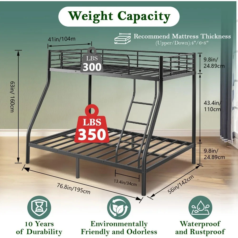 Bunk Beds Twin Over Full Size, Heavy Duty Bunk Beds with Bottom Space & Guardrail Metal Bunk Bed Frame for Aldults Dorm Bedroom