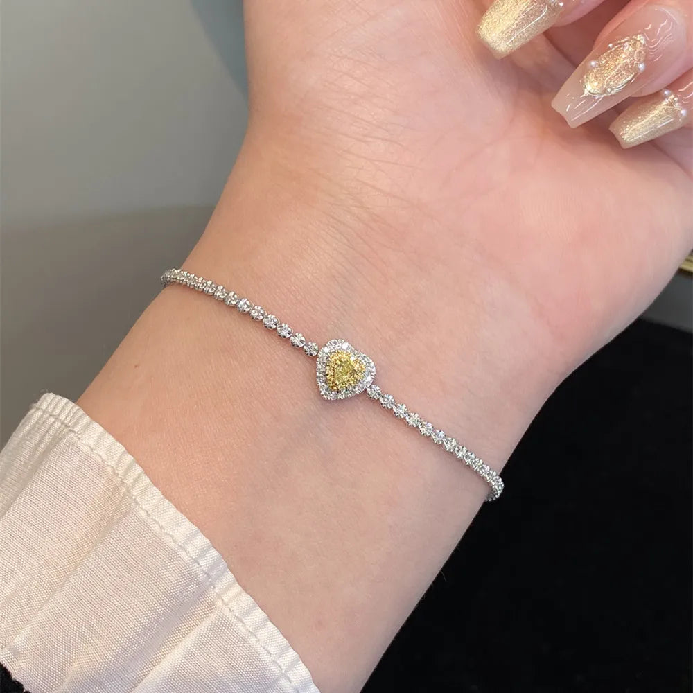 Shelly Echt 18 Karat Weißgold Au750 Schmuck Liebesherz-Design Natürliche gelbe Diamanten Tennis-Charm-Armbänder für Frauen Geschenk