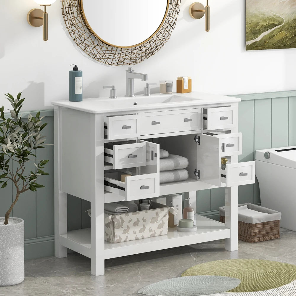 36'' Bathroom Vanity with Top Sink, Modern Bathroom Storage Cabinet with 2 Soft Closing Doors and 6 Drawers, Single Sink