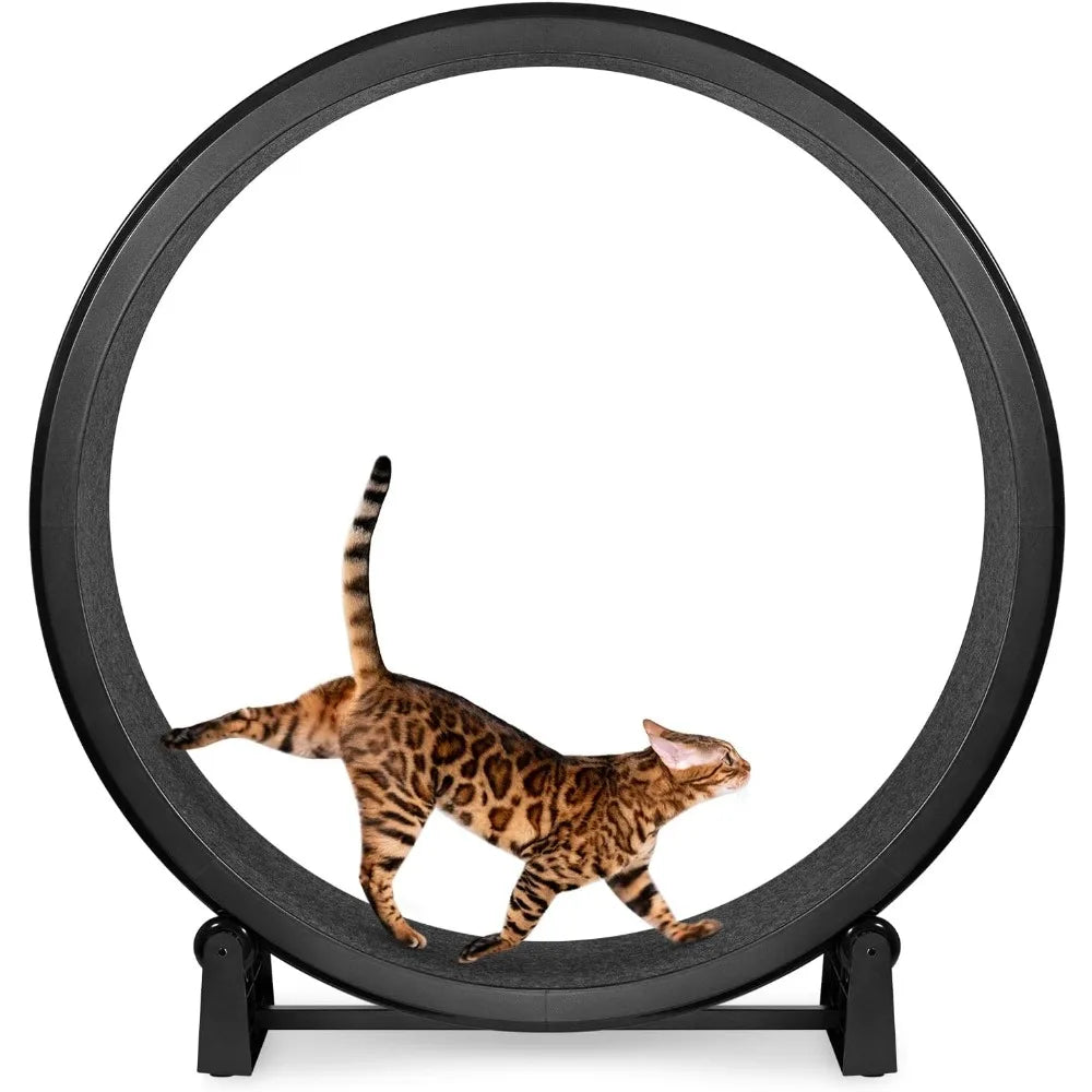 Cat Exercise Wheel -  48" Safe Diameter - Made in The USA - Black Wheel with Black Felt Traction Pads and Solid Inline Wheels
