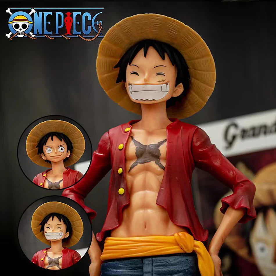 Anime One Piece Figur Selbstbewusster, lächelnder Luffy Drei Formen Gesichtswechsel Gezeiten Spiel Ornamente Sammlermodell Puppe Dekoration Spielzeug