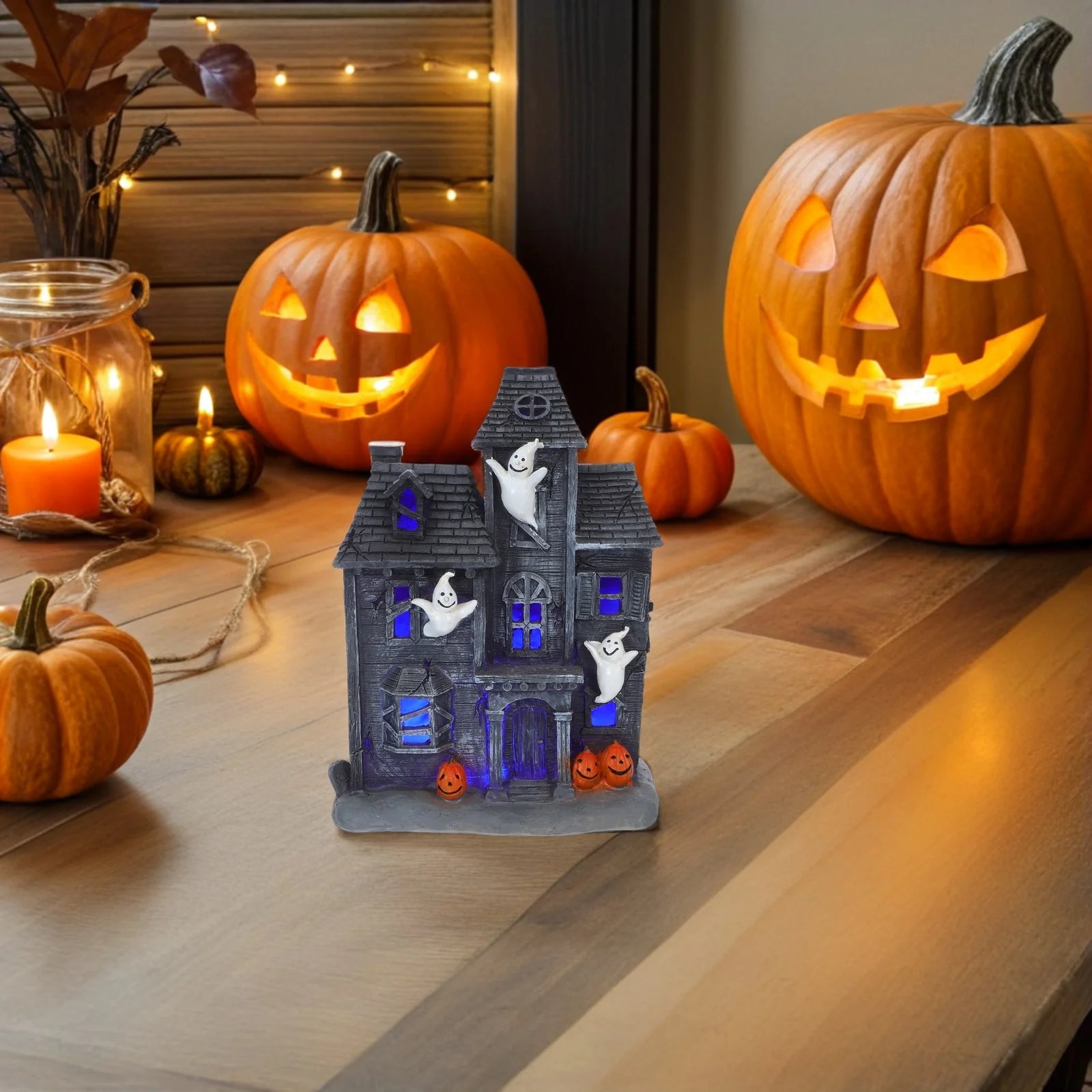 Halloween Glowing Haunted House Decor Ghost Spooky Statue Desktop Decoration Figurine Party Outdoor