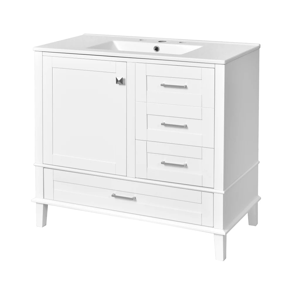 36" White Bathroom Vanity with Solid Pine Frame, 1 Soft Close Door and 3 Drawers , Modern Storage Cabinet