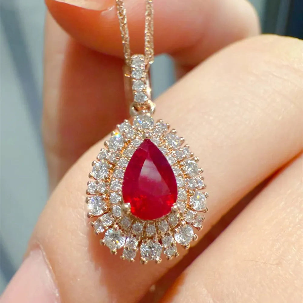 Shelly Echt 18 Karat Massivgold AU750 Schmuck Natürliche Diamanten Lebendiger roter Edelstein Rubin Wassertropfen Anhänger Halsketten für Frauen